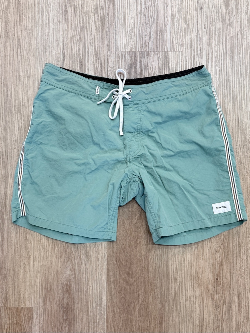 Rhythm. Heritage Men's Teal Green Swim Trunks with Side Stripes